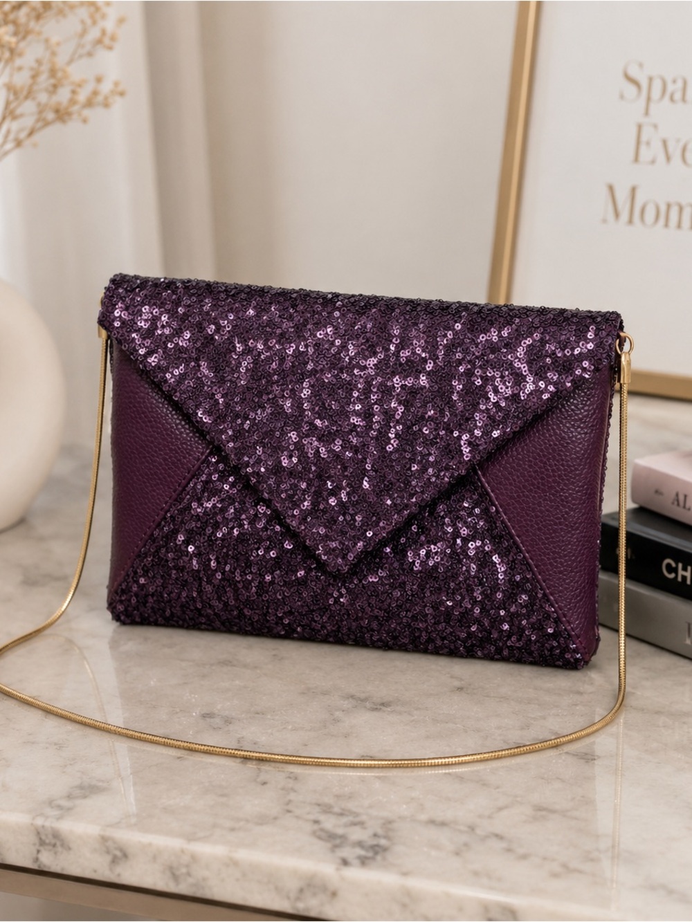 Deux Lux Purple Sequin Envelope Crossbody Clutch Gold Chain Bag